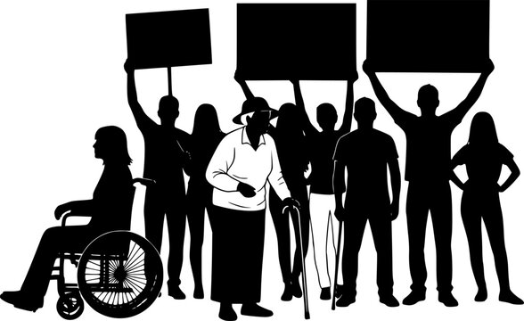 A high-contrast black and white silhouette of a diverse group. Include a wheelchair user, an elderly person with a cane, and young activists holding blank banners.