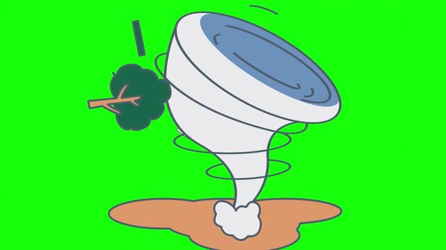 Cartoon Tornado Destroying House and Tree on Green Screen