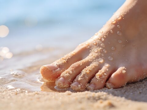 Macro close-up of a sandy foot with water droplets touching the shoreline under soft sunlight. Perfect for summer, wellness, and sensory beach lifestyle concepts.