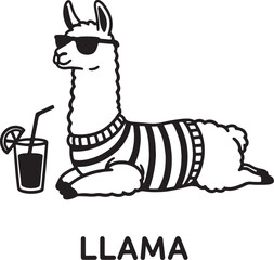 Fototapeta premium Stylized cartoon llama wearing sunglasses and a sweater enjoys a refreshing drink