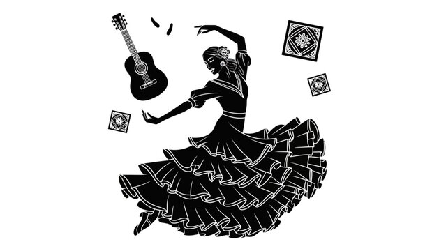 Flamenco dancer silhouette illustration with guitar and decorative squares floating around