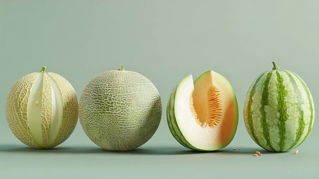 Video A collection of melons arranged together on a surface, ready for consumption or display