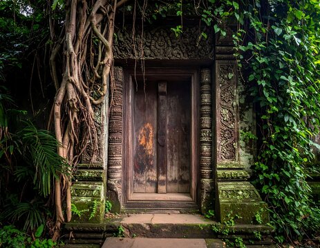 An ornate weathered wooden door nestled in a stone structure, surrounded by lush green foliage and textured tree roots