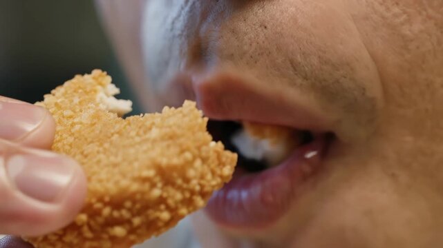 Closeup of a person eating a sesame seed hamburger bun