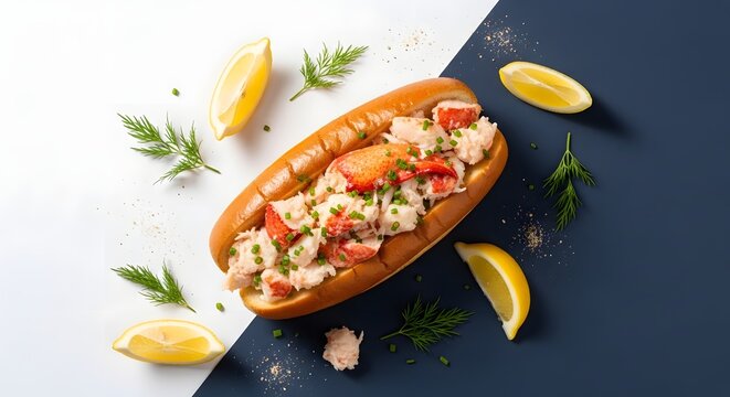A delicious lobster roll garnished with lemon wedges and herbs on a white and blue background