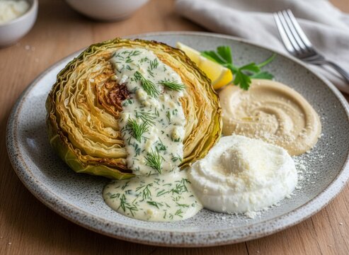 Pieczona ćwiartka z sosem: Pieczona kapusta podawana z kremowym sosem koperkowo-czosnkowym, tahini lub jogurtem z parmezanem.
