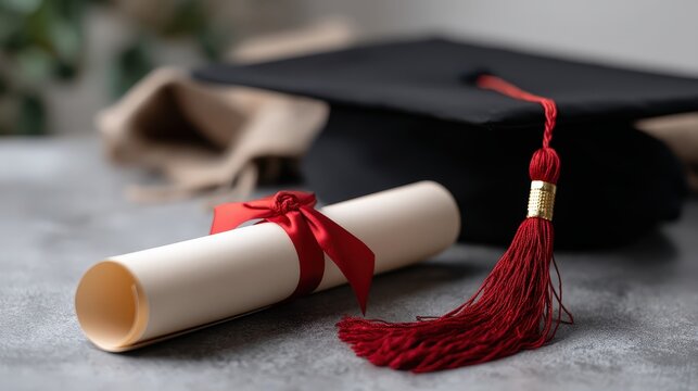 A black graduation cap with a red tassel and a rolled diploma tied with a ribbon on a white background symbolizes academic achievement