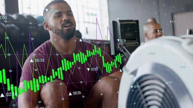 Rower in maroon initiating steady strokes on machine, overlaying fitness graphs tracking power peak