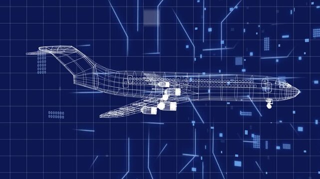 HUD initializing, wireframe jet rotating orbiting grid revealing engines gear windows for aviation
