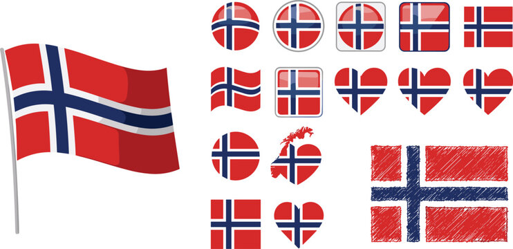 Norway Flag Icon Set with Norwegian Symbols, Waving Flag, Circular Badges, Heart Shapes, and National Identity Elements Flat Vector Illustration