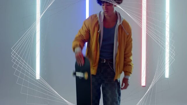 Skater shifting weight, causing cam pull, checking deck for ad, wireframe scaling with neon tubes