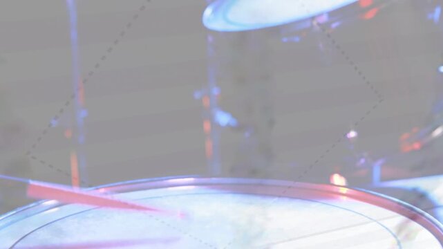 Snare anchoring camera panning up tom cymbal entering overlay drifting lights bathing kit for music