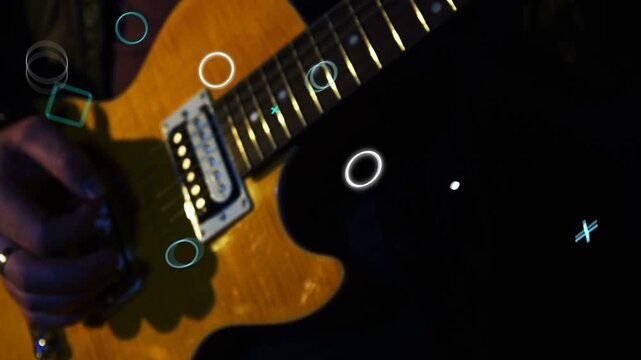 Picking ringed hand sliding guitar near pickups bridge knobs cam aiming cross at session HUD fading