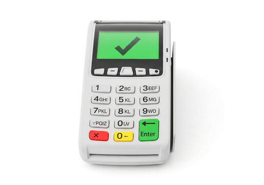Close-up view of an old-style keypad terminal with a checkmark display