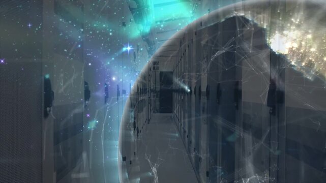 Vertical video: Overlay appearing, CGI globe shifting over racks, sending network arcs into servers