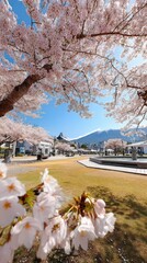 Obraz premium Cherry blossom trees display pink flowers under clear blue sky and green grass, highlighting the beauty of springtime nature