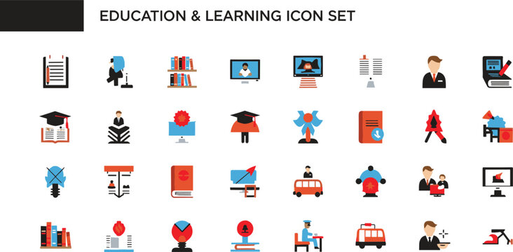 Education and learning flat color icon set including classroom study graduation teacher student science technology school symbols vector collection