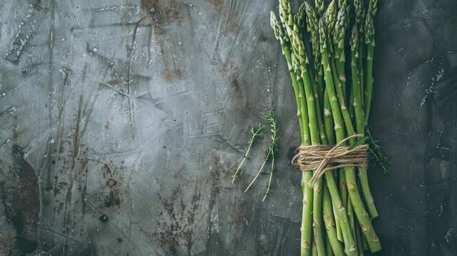 Video Fresh asparagus bound together on a rustic table, great for food styling or recipe s