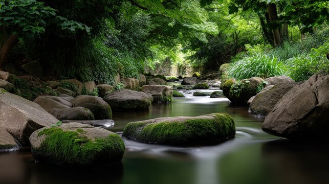 Water flows swiftly over rocks in a mountain stream surrounded by natural scenery with soft lighting and flowing movements