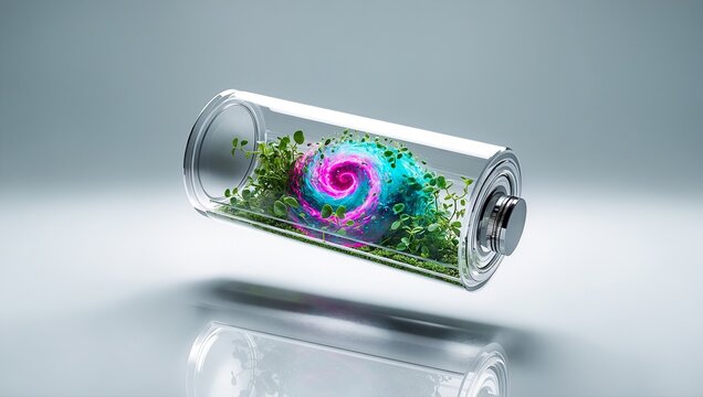 Futuristic glass battery cell with swirling fuchsia and teal plasma energy and tiny green leaves