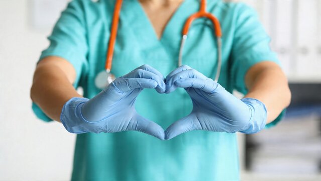 Doctor in medical uniform showing heart shape gesture with gloved hands, symbolizing care, compassion, patient support, trust and healthcare concept