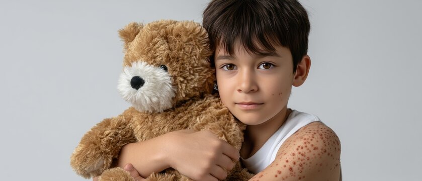 Young boy with chickenpox holds a teddy bear while sitting against a white background in a clean and simple setting