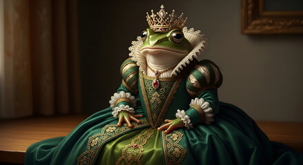 Fototapeta premium A regal frog queen wearing a golden crown and an ornate green velvet dress