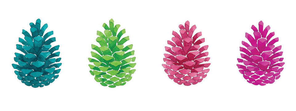 Stylish watercolor set of colorful pine cones in modern vibrant tones on clean white background. Perfect for seasonal designs, prints, branding, packaging, and decorative nature-themed projects.