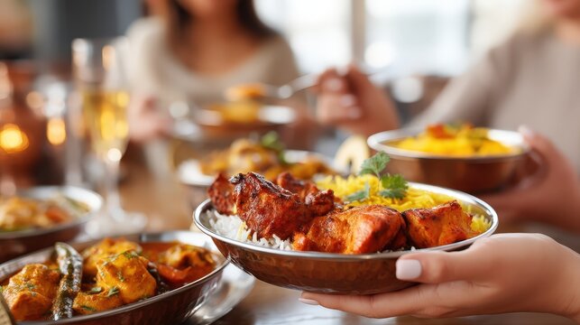 A woman serves an indian thali with rice, chicken, and vegetables while sharing a meal with others in a bright setting
