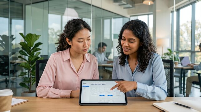 Two diverse female professionals collaborating on a mobile app user flow design using a digital tablet in a modern corporate office