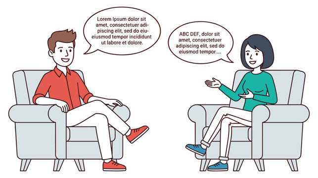 Line art style people chatting in armchairs with text speech bubbles.
