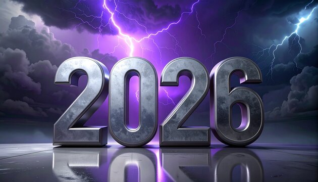 concetto di anno nuovo, illustrazione 3D in ambiente di fantasia con nuvole temporalesche viola e fulmini, anno 2026