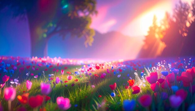 campo ricco di fiori multicolore, tra le colline ed i boschi, in un ambiente naturale di fantasia, illustrazione 3D