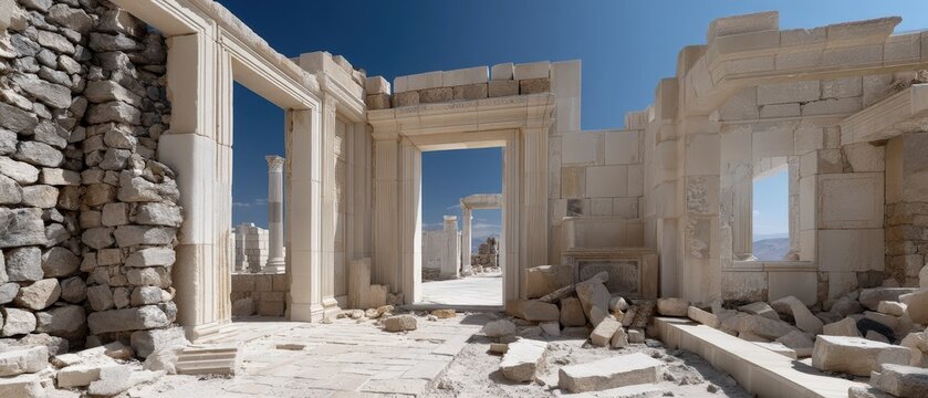 Ruins of an ancient military camp show stone structures and pillars under the blue sky with olive trees nearby and a cistern in front