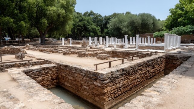 Ruins of an ancient military camp show stone structures and pillars under the blue sky with olive trees nearby and a cistern in front