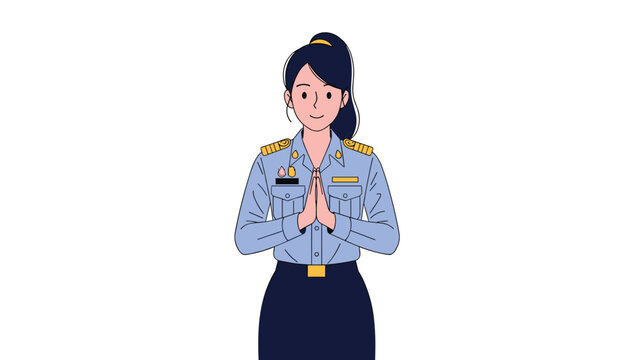 Professional woman in a formal blue uniform performs the traditional Thai wai greeting with a polite smile.