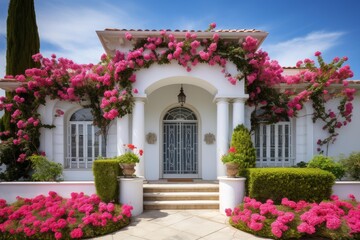 Naklejka premium White stucco villa featuring an arched entryway with decorative iron doors and vibrant pink bougainvillea