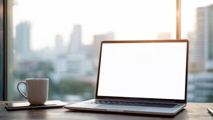 Fototapeta premium Modern laptop on desk by large window with soft morning light and city view minimalist professional workspace clean and empty environment