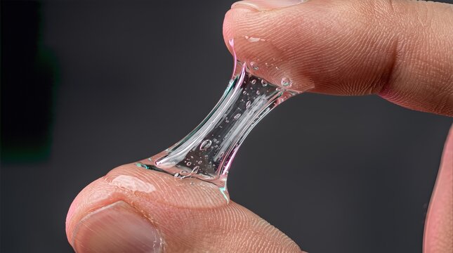 Close-up macro shot of transparent viscous gel or liquid glue being stretched between fingers, showing air bubbles and sticky texture against a dark background.