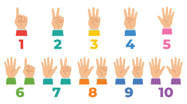 Hand counting gestures from one to ten with colorful numbers symbols.