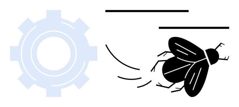 Technology, mechanics, biology, motion analysis, industrial processes, symbiosis. Gear symbol and flying insect in motion. Technology and mechanics intertwined with natural movement concepts