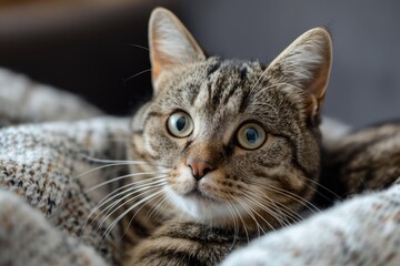 Fototapeta premium Tabby domestic cat resting with wide eyes, looking alert and curious on a soft blanket