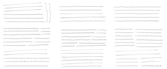 Fototapeta premium アナログ感ある細いブラシペンで描かれた、手書きの下線のセット、アンダーライン