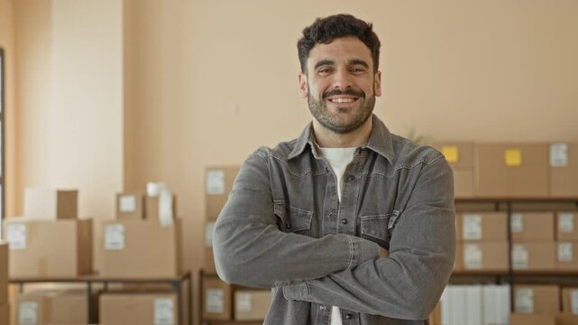 Man arms crossed holding packages in a small packing building, smiling at camera with visible face and casual jacket; confidence entrepreneurship.