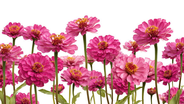 Pink zinnias bloom in full array against a transparent black background