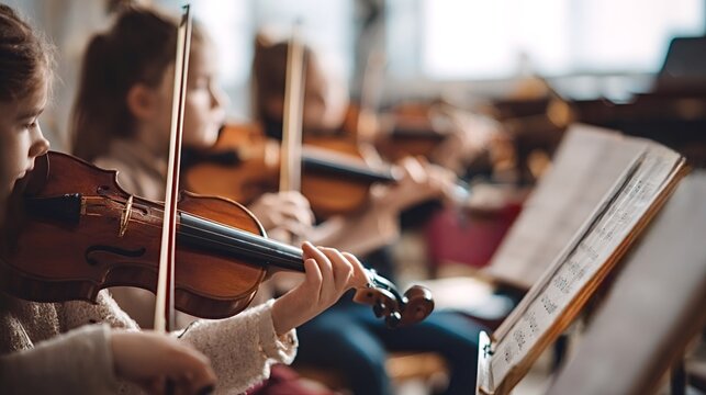 Young students are practicing violins in a music lesson, focusing on their instruments and sheet music, highlighting childhood education, creativity, and development in classical music