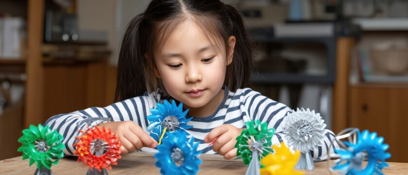 Girl is working on her homework while crafting a mini windmill toy using various materials and tools at home