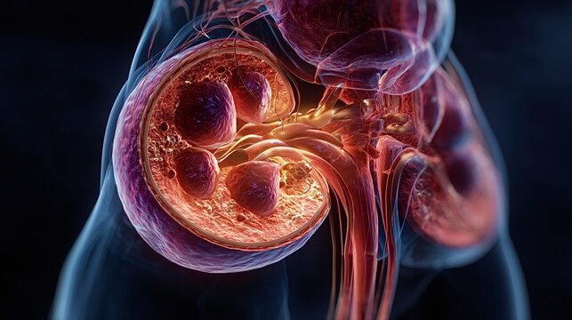 Human kidney anatomy revealing the internal structure, renal cortex, medulla, calyces, pelvis, and associated blood vessels illuminated with a vibrant red glow