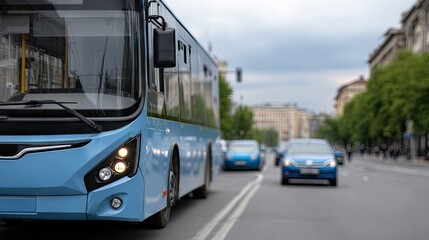 Fototapeta premium Close-up view of a city bus on a street with blue cars in the background during daylight in an urban setting