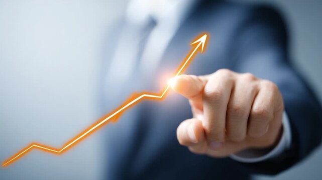 Reaching the Pinnacle: A person's hand, gracefully traces the upward trajectory of a glowing arrow, symbolizing ambitious goals and exponential growth. 